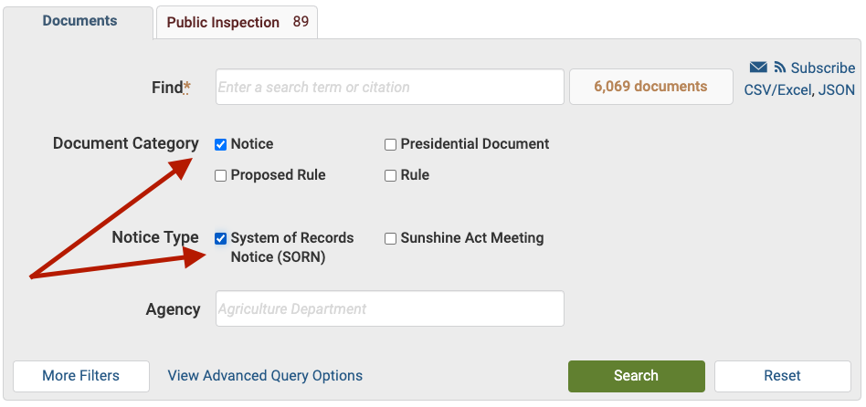 Notice sub-type search filter options