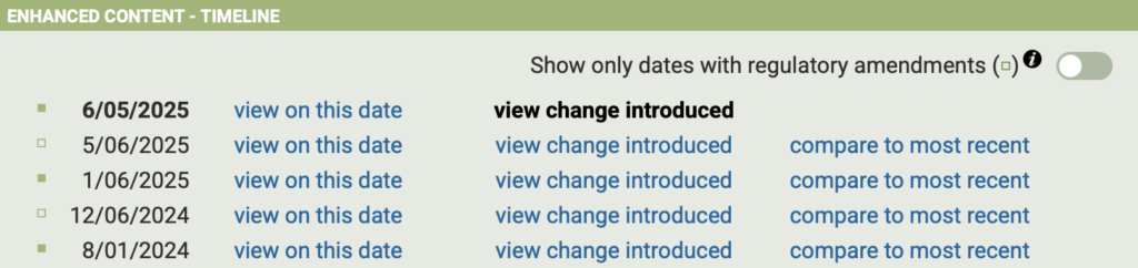 eCFR Timeline View including the regulatory amendments toggle