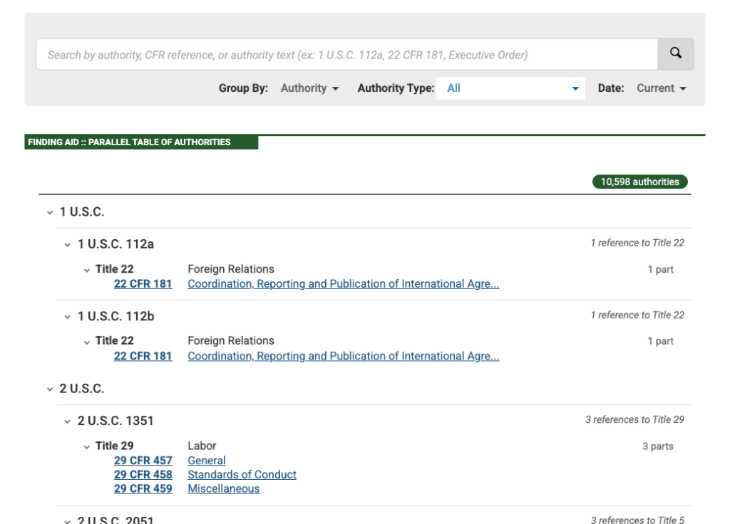 Parallel Table of Authorities grouped by authority with search box and authority type filter