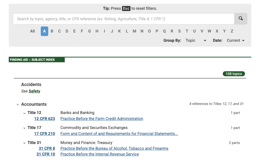 Subject Index grouped by Topic with search and filters
